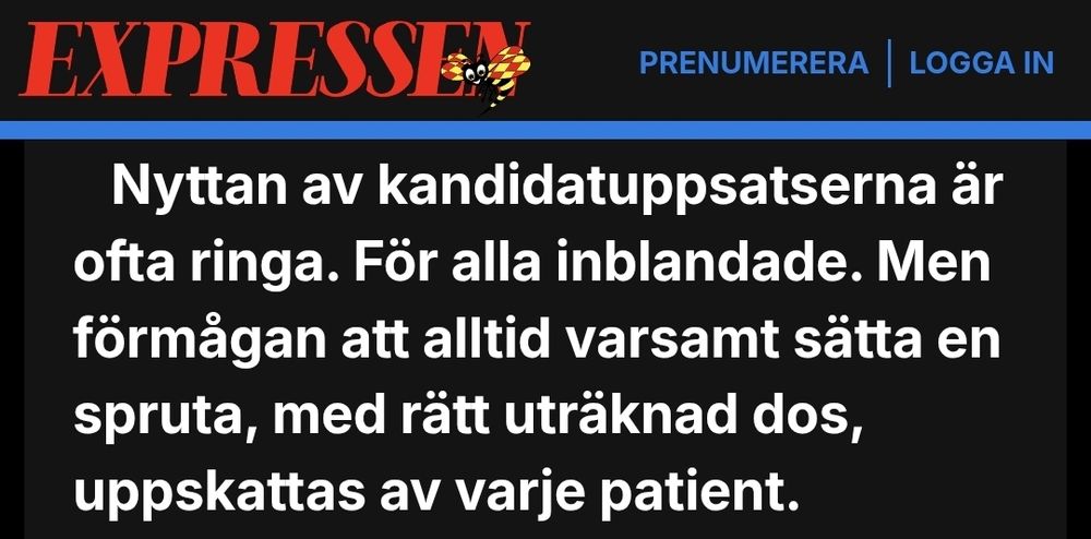 Screenshot från Expressen: Nyttan av kandidatuppsatserna är ofta ringa. För alla inblandade. Men förmågan att alltid varsamt sätta en spruta, med rätt uträknad dos, uppskattas av varje patient.