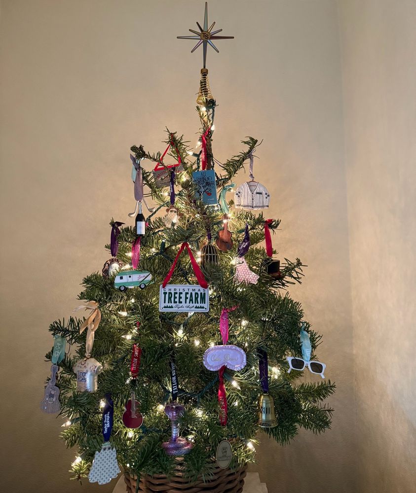 taylor swift picture with the words “capricorn rising my tears ricochet mini christmas tree in a woven wicker basket with assorted taylor swift ornaments and tree topper. 