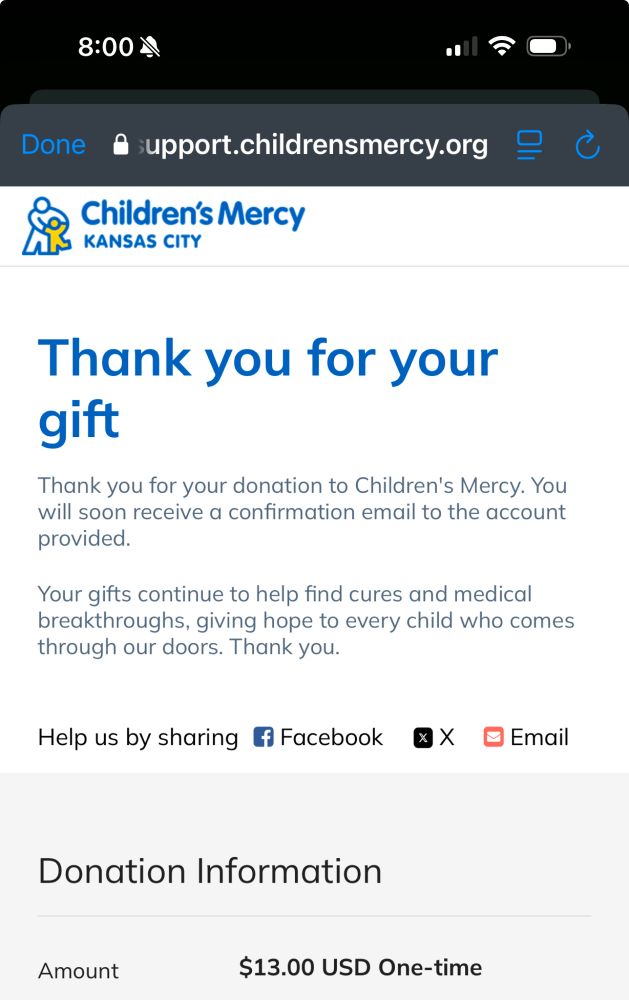 receipt for 13 dollar donation to children’s mercy kansas city hospital. 