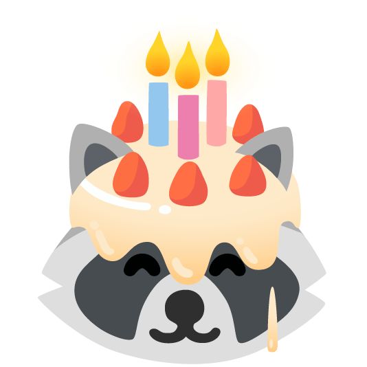 A caricature raccoon with cake on its head.