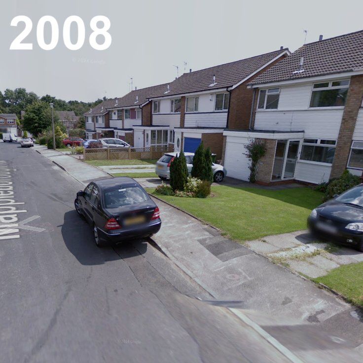 A suburban road with front gardens in 2008 and the same road bereft of front gardens, which have been paved over for cars, in 2022.