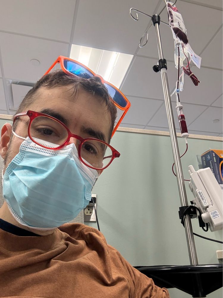 Getting a blood transfusion with 2 pair of glasses