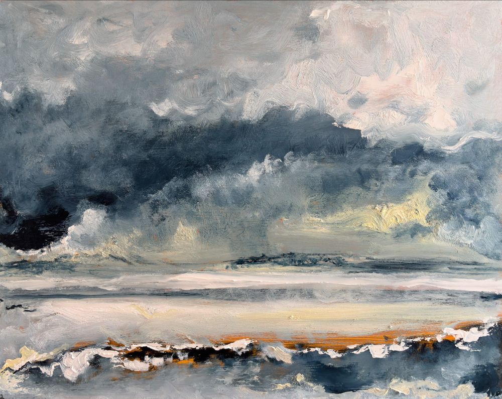 Wild & stormy seascape in oils: A wave in the foreground, with hills just visible on the horizon and dark clouds above.