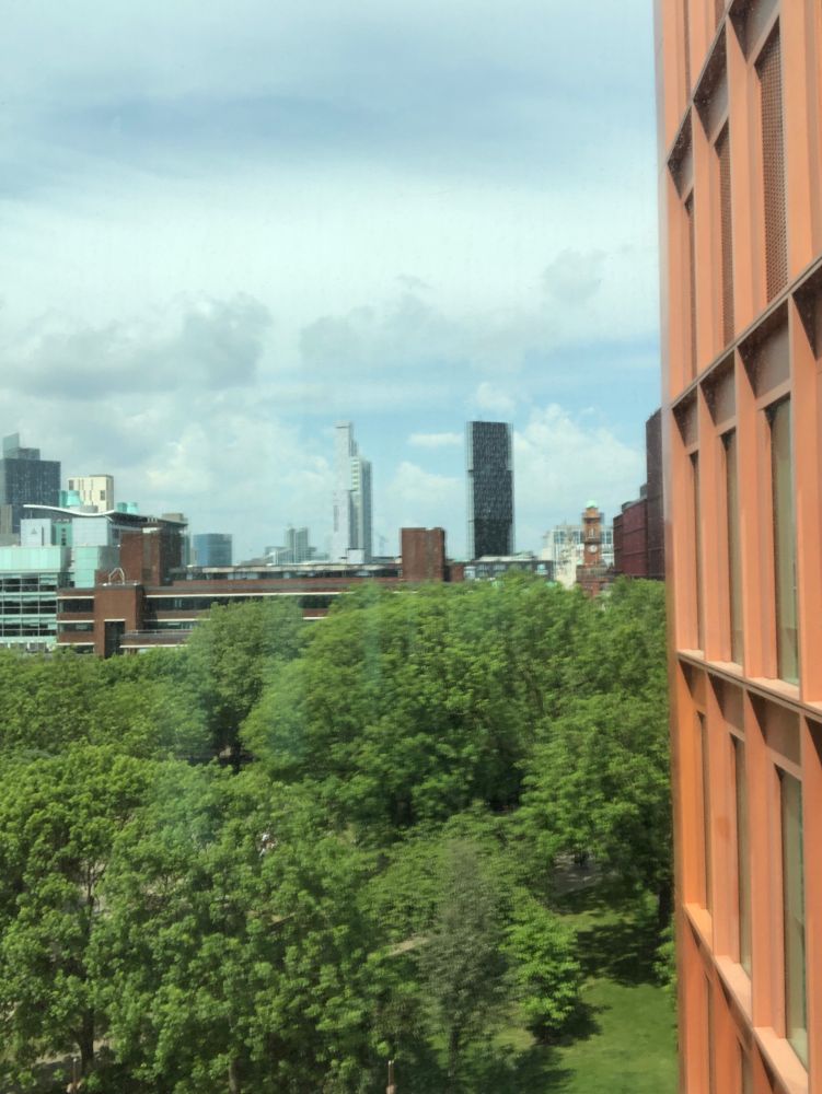 To the front are a number of trees in full green leaf. Part of the building (windows framed in orange) can be seen to the right. On the horizon and under cloudy skies are building of different heights and shapes. 