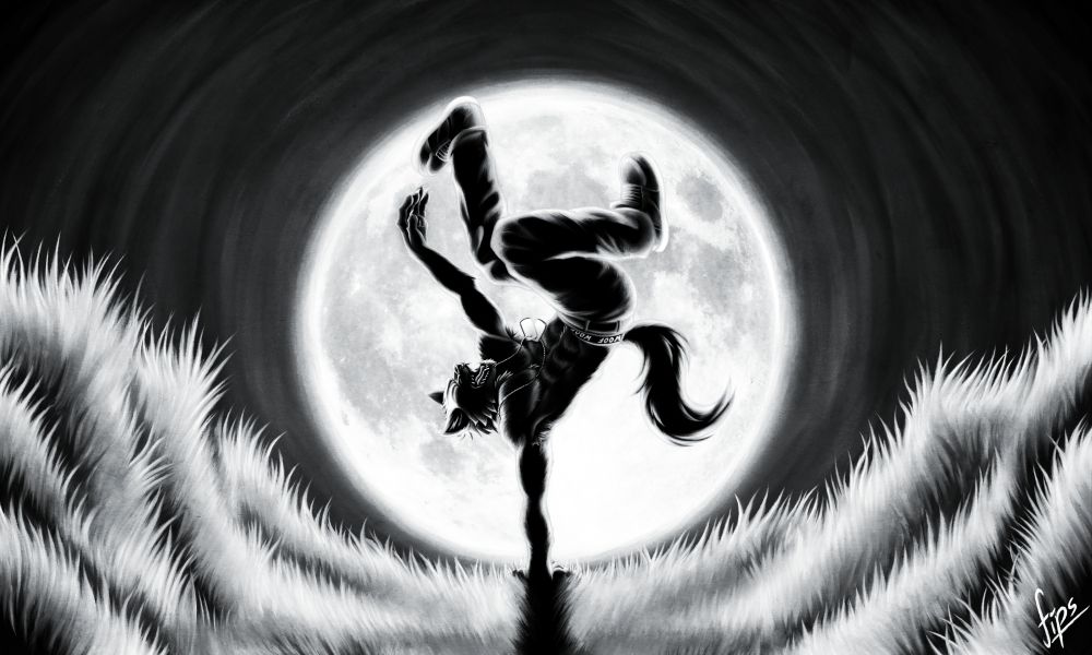 a digital drawing of a werewolf silhouette, doing a breakdance pose in front of the full moon
