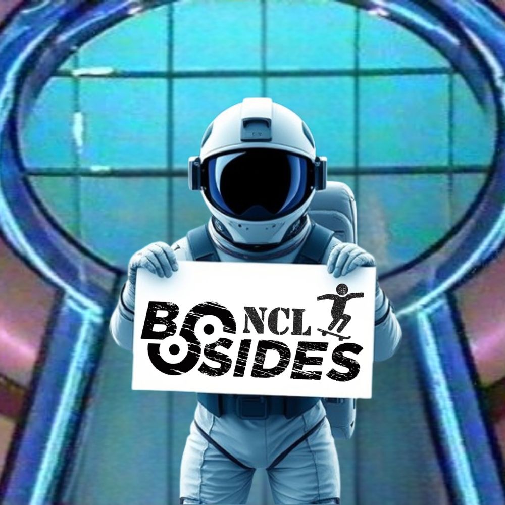 Spaceman with BSides NCL sign in front of through the keyhole doorframe