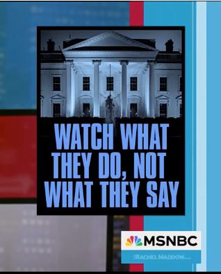 Screen cap of Rachel Maddow show showing a graphic that says, 'Watch what they do, not what they say.'