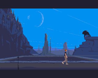 A screenshot of one of the first scenes from game Another World, with a brilliant blue sky in the background