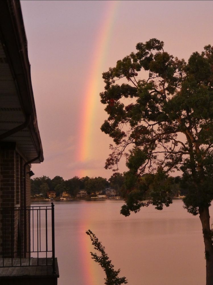 A rainbow in a sunset sky, coming almost straight down to a lakeshore, and then its reflection going across the water toward the viewer, framed by part of a building on the left and a tree on the right, with a small tree seeming to parallel the lake reflection in the middle