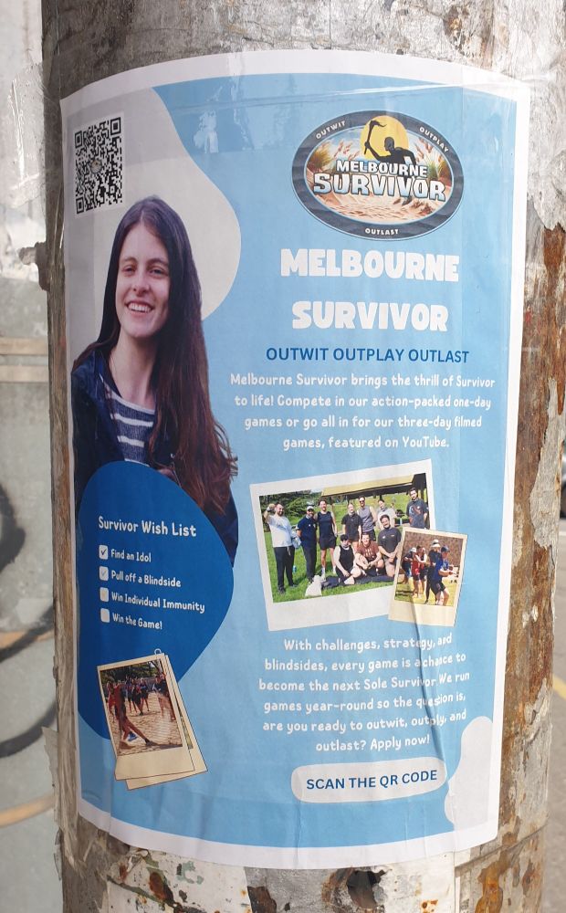 Photo of a poster on a pole, advertising Melbourne Survivor, an event that brings tv show survivor challenges to real life.