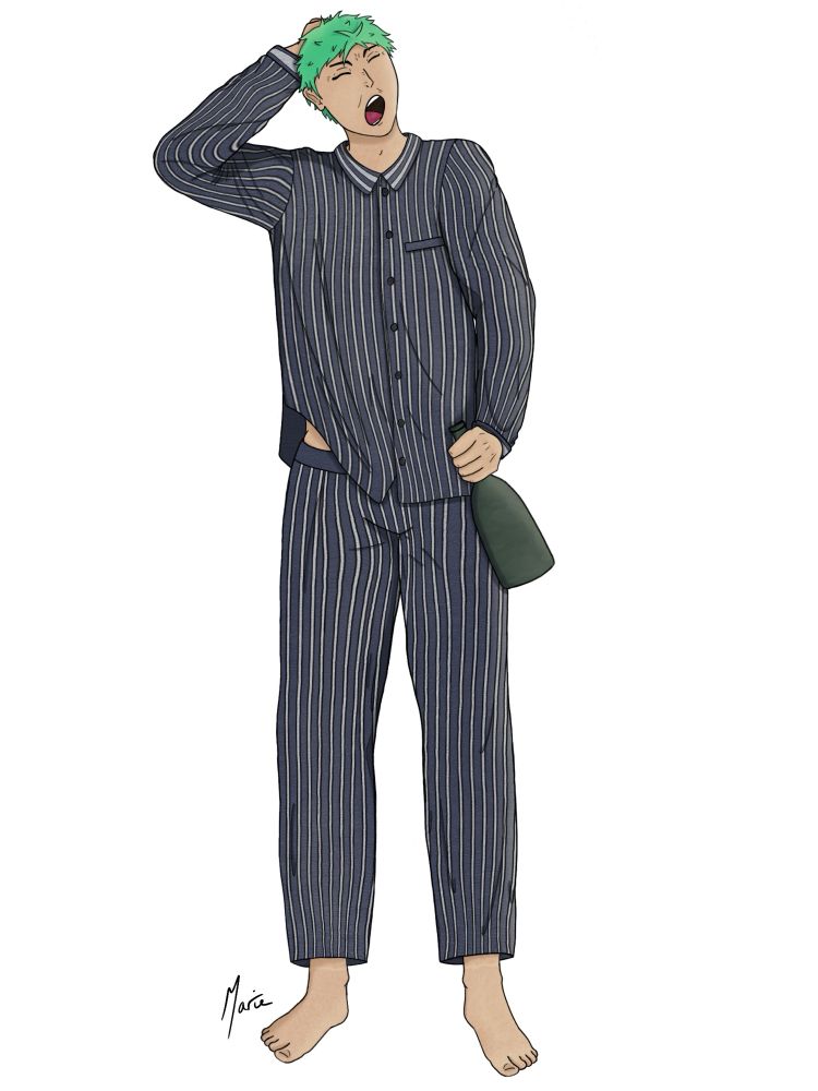 Digital fanart of pre timeskip Zoro wearing navy and white striped pyjamas, barefoot. He’s yawning deeply and scratching the back of his head with his right hand, shirt lifting slightly to show a little bit of bare hip. He’s clutching a bottle of alcohol in his left hand