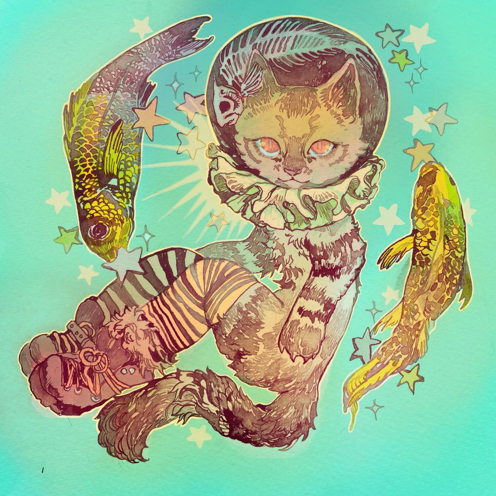 Anthro cat wears socks and boots, a circus frill and a orb helmet. Inside the helmet is a fish skeleton. Two yellow fish swim around them and eat stars 