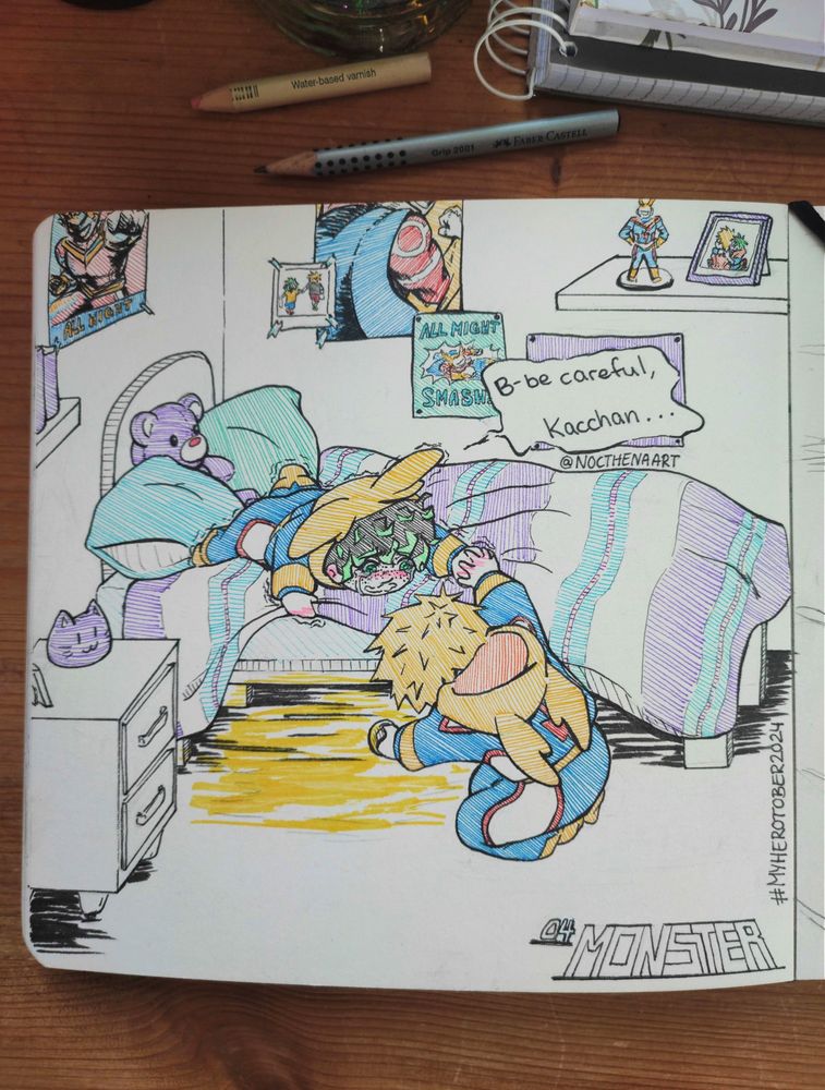 Toddler Izuku on his bed, holding Kacchan's hand as the blond boy checks under the bed with a torch. Izuku is saying: "B-be careful, Kacchan..." They are both wearing matching All Might onesies.
The bed has a blue, purple and white blanket and the walls have All Might posters and two pictures of BkDk from my Day 01 drawing.