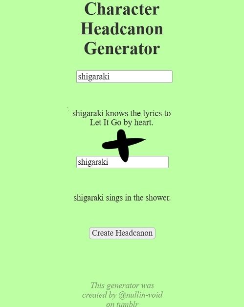 Screenshot of a character headcanon generator, saying "Shigaraki knows the lyrics of Let it Go by heart" and Shigaraki sings in the shower"