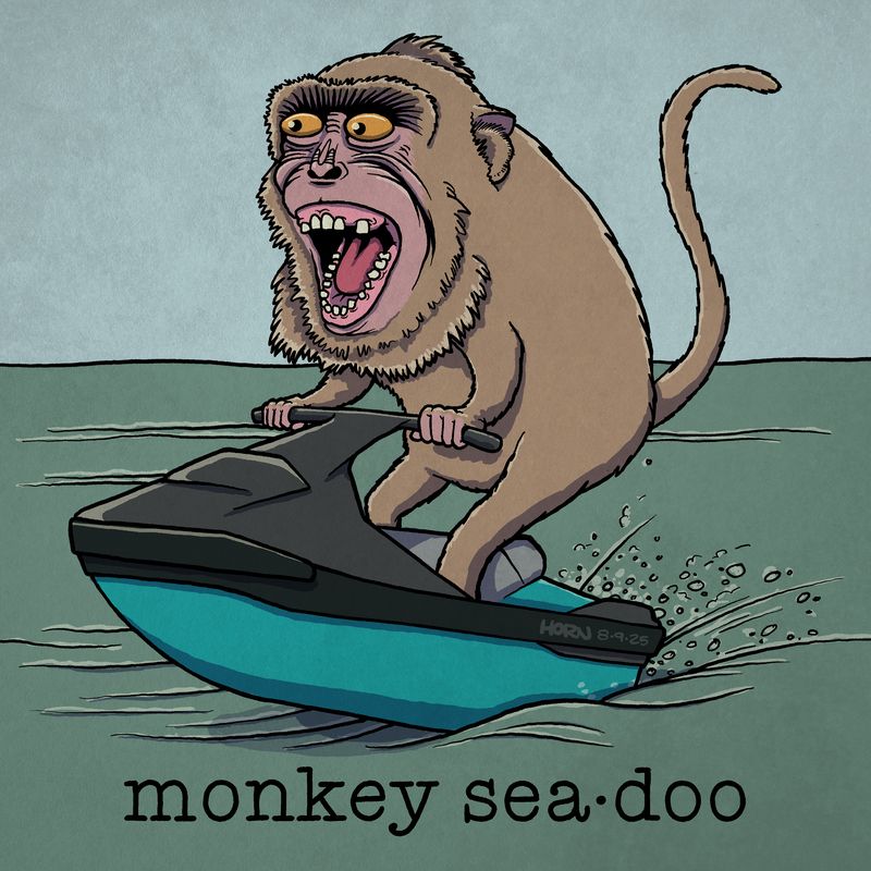 An excited monkey riding a jet ski. Text reads "monkey sea•doo".
