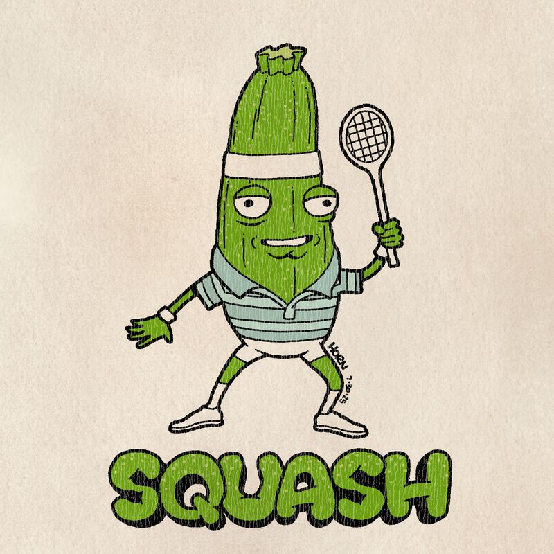 A summer squash (also known as a courgette or zucchini) wearing a polo style shirt and very tight short shorts. It has a headband, wristbands, and sneakers with knee-high socks. It is holding a squash racquet. Text reads "SQUASH".