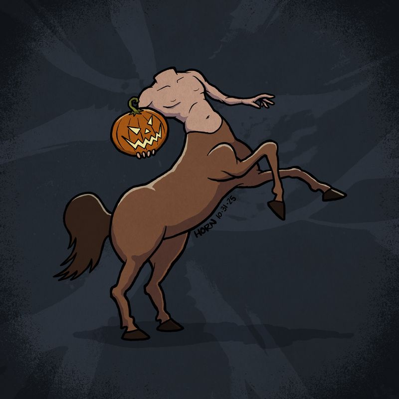 A headless centaur rearing back on its hind legs. The man section holding a glowing jack-o-lantern.