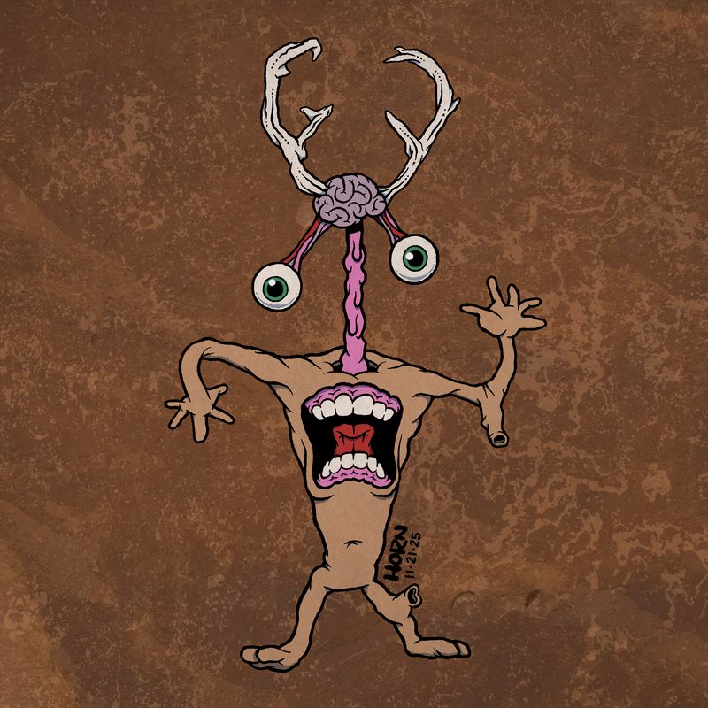 A long-torsoed creature. It has two toes on each foot. In the center of the chest is a screaming mouth. The arms are straight out (scarecrow-style), with one arm bent up at the elbow and the other down. From a hole at in the top of the torso is a long, taffy-like cord holding up a small brain. From the brain are two antlers and two eyes hanging down from a twisted mass of nerves.