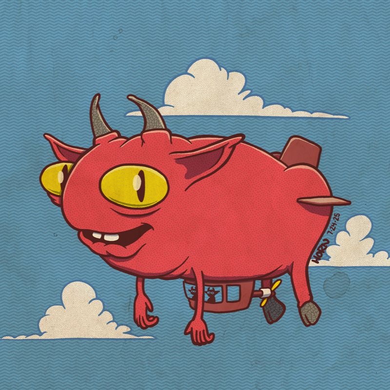 A large, pudgy imp with it's limbs dangling down, floating in the sky. Its butt has fins. Attached to its belly is a gondola with the silhouettes of two imps visible within.
