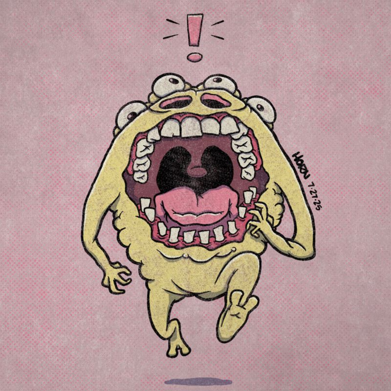 A yellow monster with a giant, gaping mouth screaming as it runs toward the viewer. It has large, flared nostrils and four eyeballs. An exclamation point appears above it.
