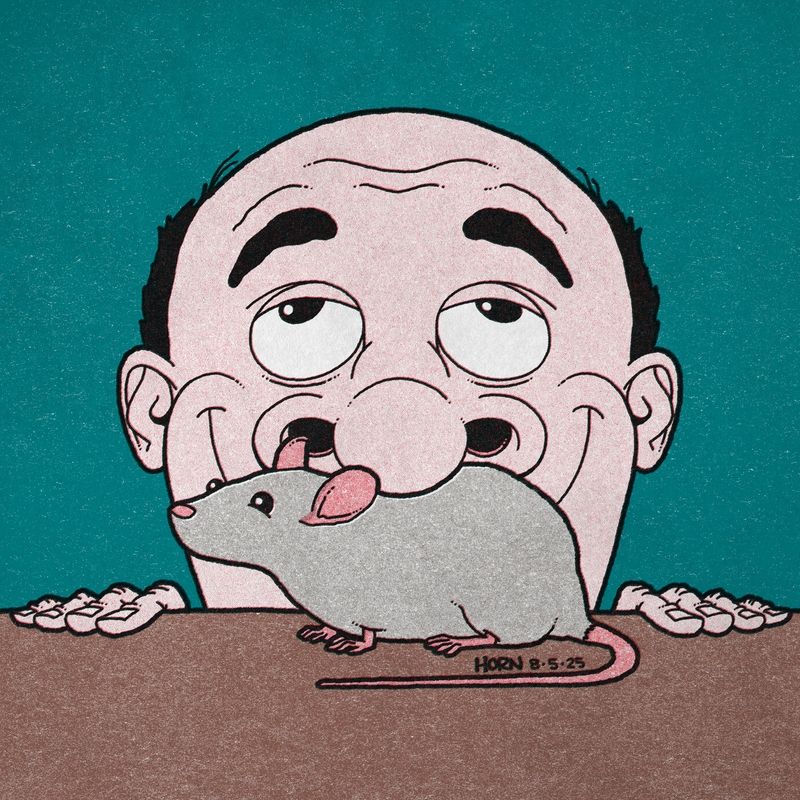 A balding man with his nose directly on a gray rat. His nostrils are flared and he's looking upward. He has an extremely wide grin.