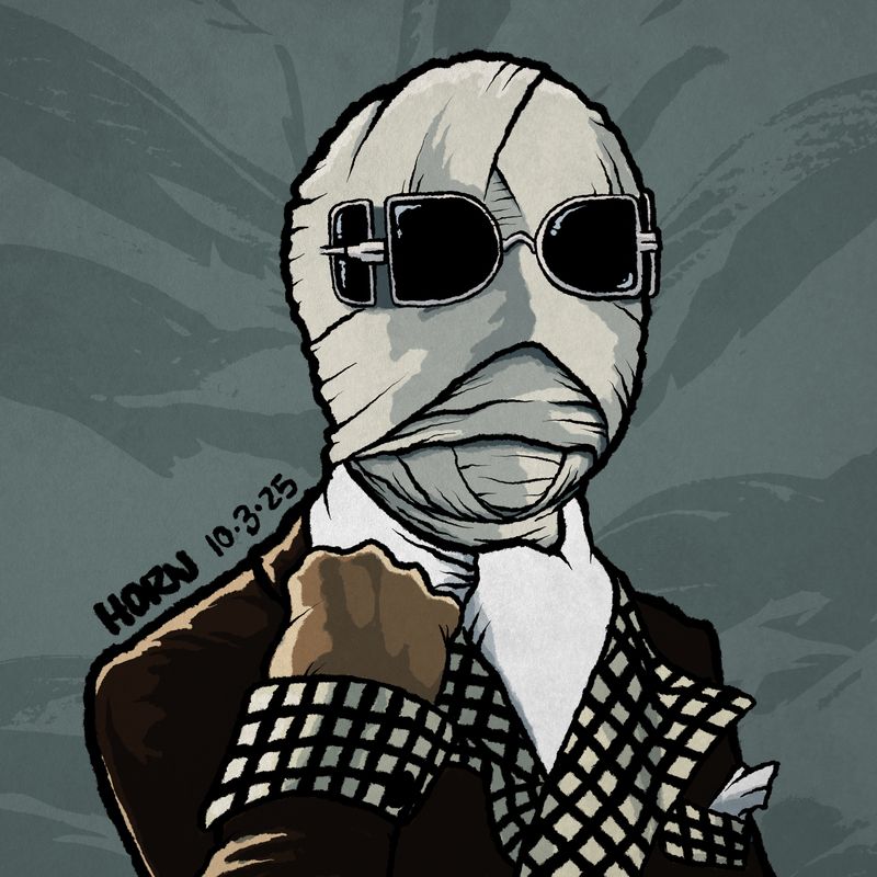 The head and upper torso of Universal Picture's "The Invisible Man." His head is wrapped in gauze and he's wearing those dark goggles/safety glasses. He is dressed in a robe with checkered lapels, cuffs, and pocket. He also has gloves on and has an ascot or big neckerchief and pocket square.