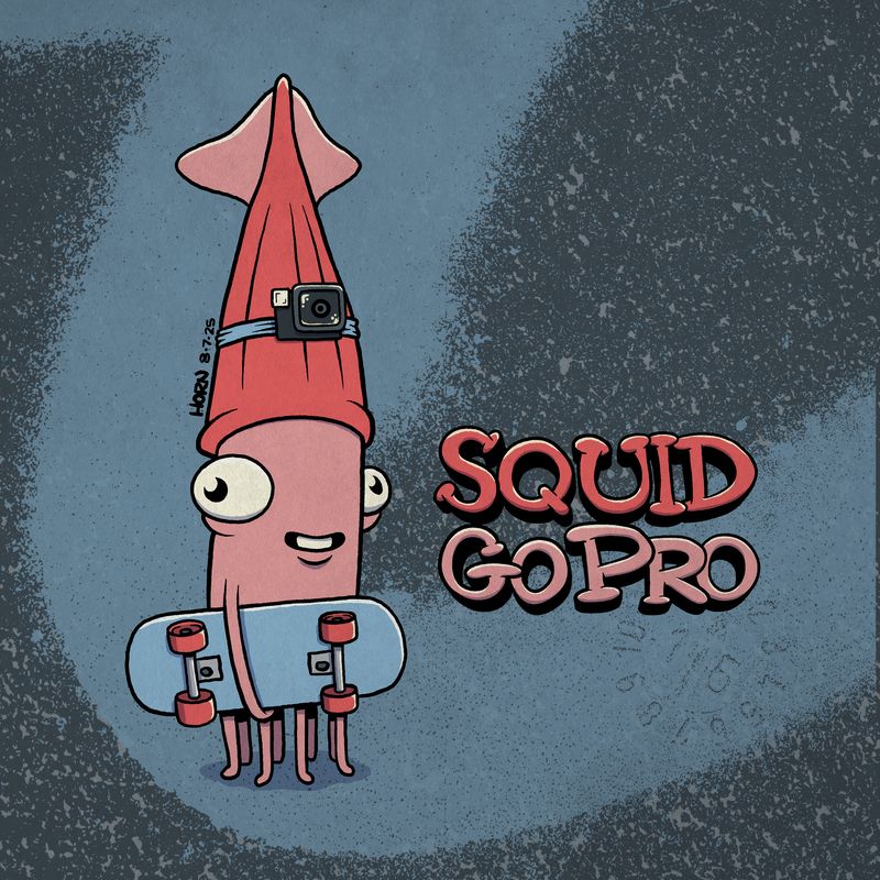 A squid with strabismus holding a skateboard. It has a GoPro strapped to its head/mantle. Text reads "SQUID GoPro".