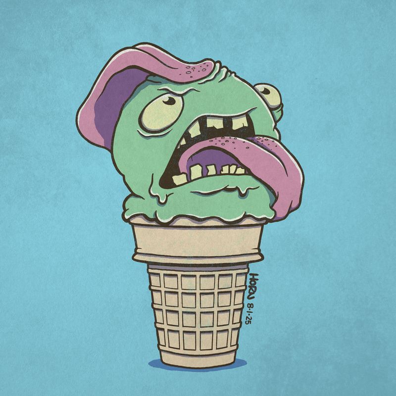 An ice cream cone licks itself with a distressingly long tongue.