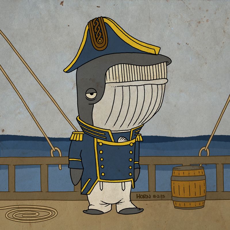 A cartoon humpback whale dressed as an 1800s Royal Navy officer standing on the deck of a sailing ship at sea.