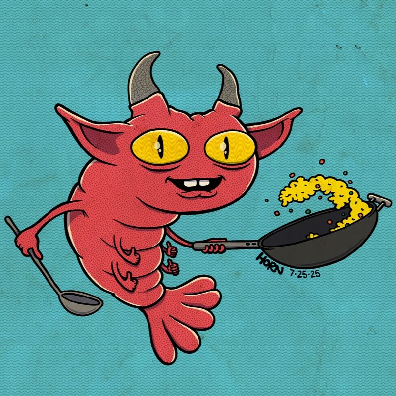 A red imp with the body of a shrimp. It is holding a ladle and a wok, flipping rice. It's four other limbs are doing "thumbs up."