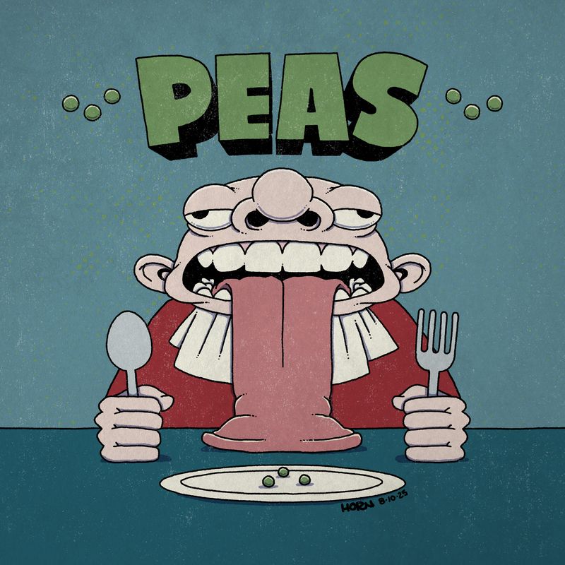 A man at dining table. He holds a spoon in one hand and fork in the other. and has a napkin tucked into his collar. His tongue has unfurled out on to the table. On a plate in front of him are three individual peas. Text at the top reads "PEAS".