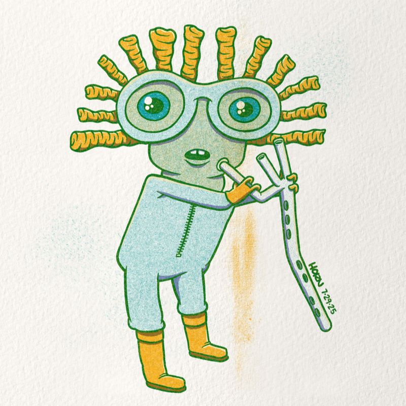 A green fellow in a light blue jumpsuit with orange boots and gloves. It is wearing large glasses or goggles and is holding some kind of pipe instrument.