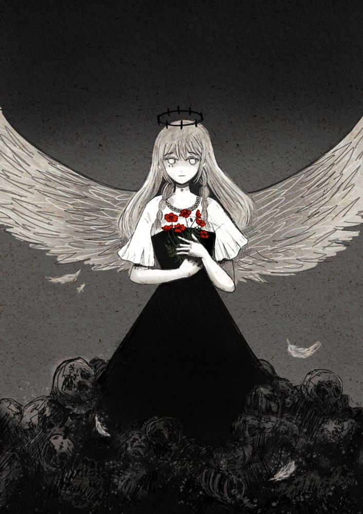 fan art of SORA SIRUHA (zora) from choujin x. The painting is mostly black and brownish grey / white zora is holding red poppies wearing a black and white dress she has long beige straight hair and big angel wings behind her.. she stands on a pile of corpses 