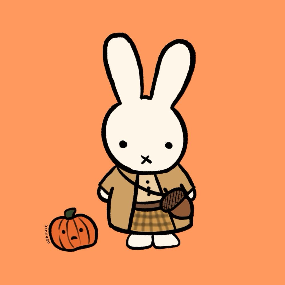 miffy (bunny) wearing a cute brown and beige autumnal outfit with an acorn shaped bag, there is a little pumpkin (with a cute face) next to her 