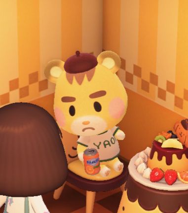 acnh marty drinking orange soda wearing yaoi shirt frowning