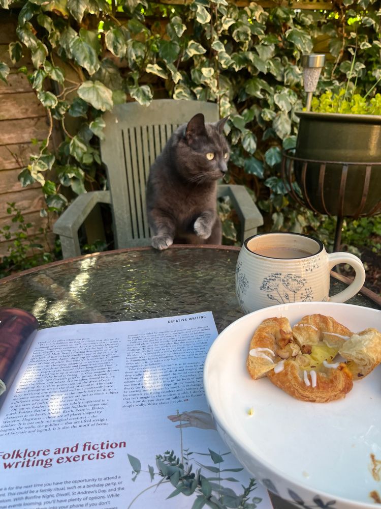 As in the above skeet, the picture shows a glass garden table, with a magazine, mug of coffee, and plate with a pastry on it. The backdrop is an old wooden fence covered in ivy, a pot of creepy Jenny beginning to spill over its stand - and where the faded green garden chair on the far side of the table was empty, it now contains a small grey cat, caught midway through putting her front paws on the table, her attention caught by something off to the side.