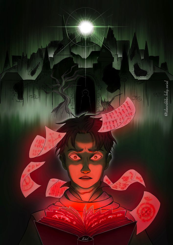 A young-ish man with short greying hair faces the viewer, visible only from the neck and shoulders up. His expression is both startled and fearful, as the book in front of him ruffles its pages and glows a menacing red, lighting his features dramatically. A swirl of pages covered is esoteric text surround him in a whirlwind, glowing that same red - while behind him looms a ruined city from the shadows, a bright green light at its apex that seems to be shining directly at his back. The image is painted dramatically in a limited palette of green, black and red.