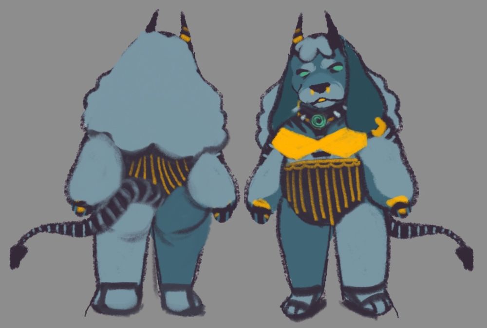 A digital drawing of the front and back of an anthropomorphized blue cocker spaniel with a black demon tail and horns, dorned in gold accessories, wearing a leotard, gold bra, and black sandles.