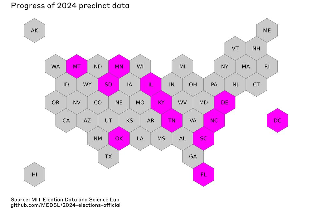 A hex map of the United States. Most states are greyed out, but now 12 states are hot pink, indicating their data have been collected, cleaned, and published by our team. States available are now: DC, DE, NC, SC, FL, TN, KY, IL, MN, SD, OK, and MT.