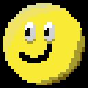 Pixel art of a shaded yellow ball with a black smiling mouth and a pair of black and white eyes, with eye-sacks underneath.