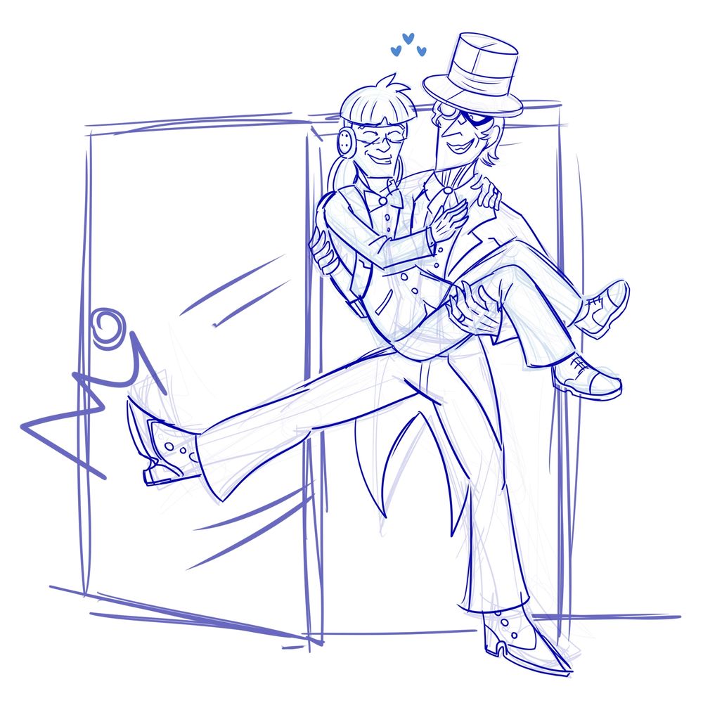 sketch of dandy kicking a door open while bridal carrying cider