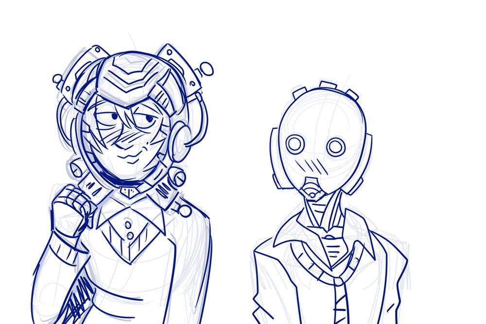 sketch of Dee Klatt and Vosim making eyes at each other and blushing