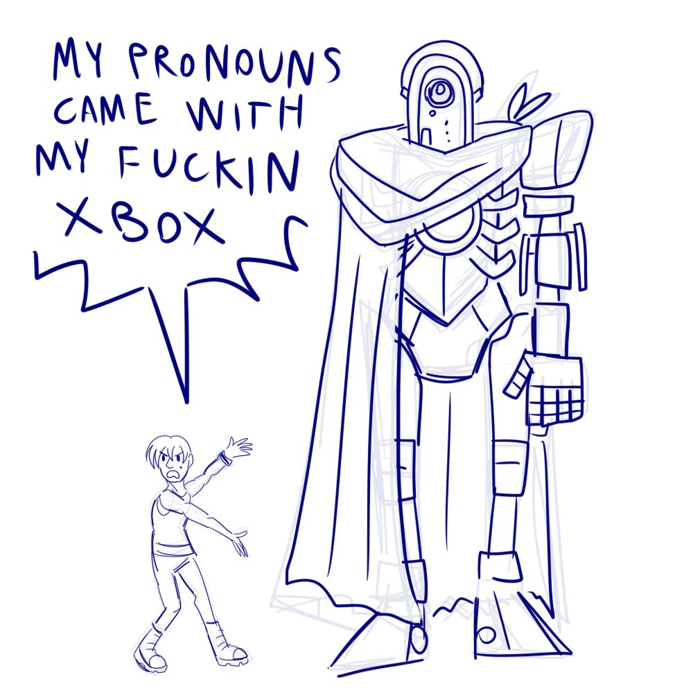 sketch of pedro gesturing at the voder, just standing there. menacingly. pedro is shouting "MY PRONOUNS CAME WITH MY FUCKIN XBOX"