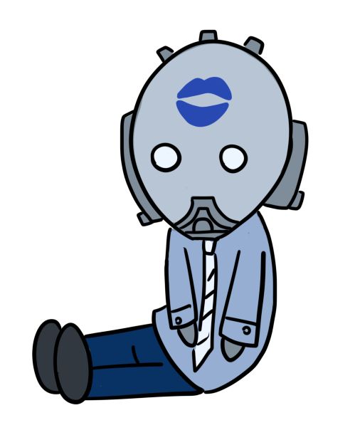 flat color chibi drawing of Vosim sitting down with a blue lipstick mark on his big ol forehead
