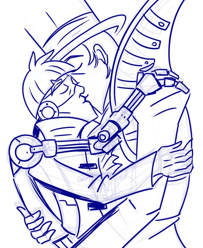 sketch of cider and dandy embracing and making out