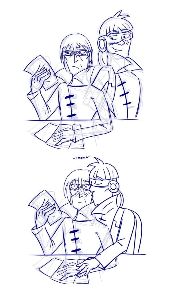 doodle comic. my headcanon version of pre-orb otto is sorting through presumably some scientific papers. cider sidles up behind him and looks on.
second image in sequence. Cider kisses otto on the cheek, who is surprised and blushes