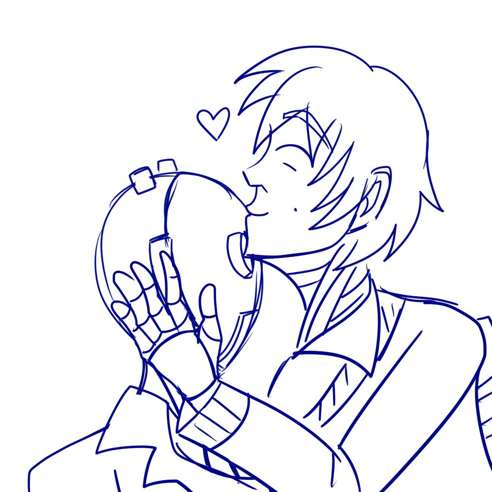 sketch of Dee with their helmet off giving vosim a kiss on his forehead