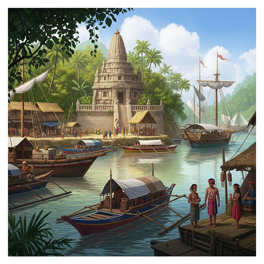 Illustration of the ancient riverine polity of Tondo, Philippines, showing a bustling trading port with indigenous boats and a pre-Islamic temple, reflecting its historical significance and cultural heritage. AI generated.
