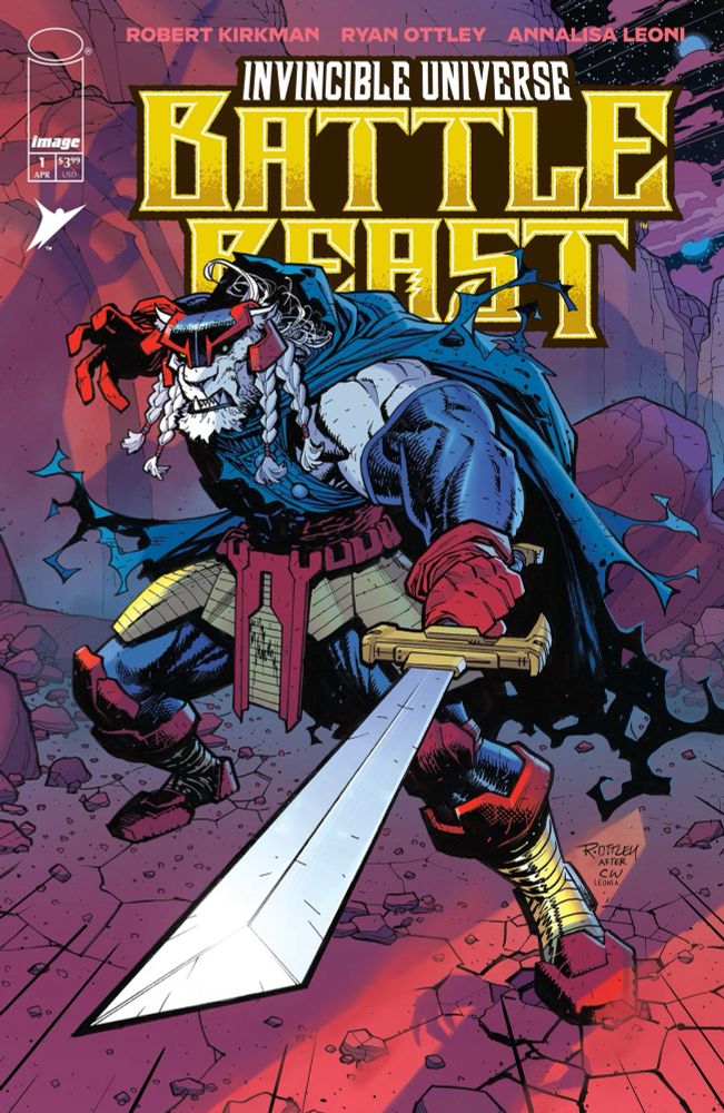 Rad comic book cover for Invincible Universe: Battle Beast issue 1 drawn by Ryan Ottley and colored by Annalisa Leoni of Battle Beast in the same pose as Invincible from the cover of Invincible issue 1. Only Battle Beast has a huge sword pointed at the viewer, which makes him substantially cooler than Invincible. Also, he’s a big muscly cat man, where my furries at?!