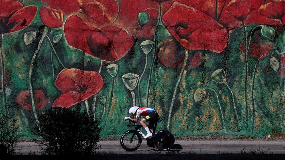 A cyclist on front of a mural depicting red flowers